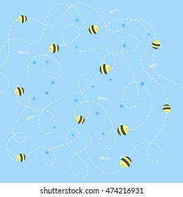 Tiny bees with stroked line, circles and letters on the blue background