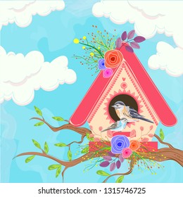 Tiny bird house illustration on tree branch for Spring season celebration greeting card design.