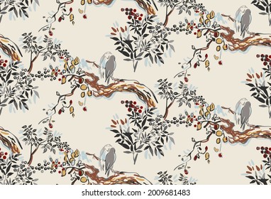 Tiny Birds Vector Japanese Chinese Nature Ink Illustration Engraved Sketch Traditional Textured Seamless Pattern Colorful