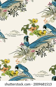 tiny birds vector japanese chinese nature ink illustration engraved sketch traditional textured seamless pattern colorful