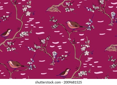 tiny birds vector japanese chinese nature ink illustration engraved sketch traditional textured seamless pattern colorful