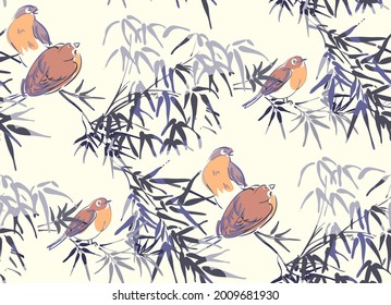 tiny birds vector japanese chinese nature ink illustration engraved sketch traditional textured seamless pattern colorful
