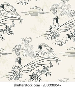 tiny birds vector japanese chinese nature ink illustration engraved sketch traditional textured seamless