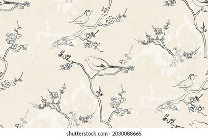 tiny birds vector japanese chinese nature ink illustration engraved sketch traditional textured seamless