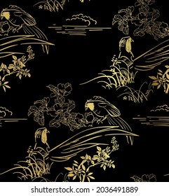 tiny birds vector japanese chinese nature ink illustration engraved sketch traditional textured seamless pattern black