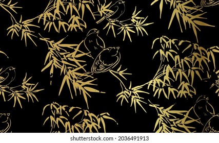 tiny birds vector japanese chinese nature ink illustration engraved sketch traditional textured seamless pattern black