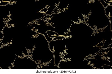 tiny birds vector japanese chinese nature ink illustration engraved sketch traditional textured seamless pattern black