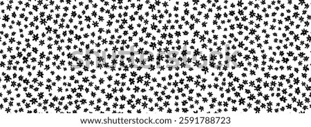 Tiny black flowers seamless pattern. Monochrome ditsy repeated pattern. Floral background for textile print, fabric swatch, dress ornament, clothes design ornament. Cute romantic wallpaper. Vector
