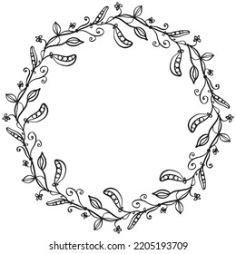 Tiny black lines decorative wreath with branches of a pea. Design for coasters, plates, and greeting cards. Vector elements.