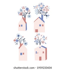 Tiny blooming boho house with daisy floral bouquet in chimney vector illustration set. Hygge Scandinavian folksy daisy flower homely building clip art collection isolated on white. Decorative graphics