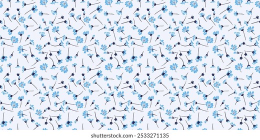  Tiny blue flowers and small buds seamless pattern. Abstract artistic floral print on a light background. Vector hand drawing sketch. Design for fashion, fabric, wallpaper, textiles,