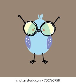 tiny blue smart pretty bird wearing too big glasses,brown background, childish isolated retro illustration for cards, textile, wallpapers, t-shirts, mugs, covers, wall art, phone case, baby shower etc