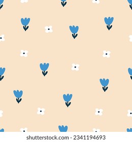 Pequeña ilustración vectorial dibujada a mano con flores azules y blancas. Patrón floral sin costura para tela infantil o papel pintado.