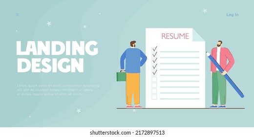 Tiny boss standing in front of resume and candidate for job. Employer examining his future workers CV flat vector illustration. Human resources concept for banner, website design or landing web page