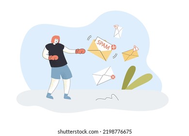 Tiny boxers defense against spam attacks. Man boxing with phishing emails, flying letters flat vector illustration. Cyber protection, mail concept for banner, website design or landing web page