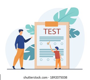 Tiny boy answering questions of test. Child, exam, teacher flat vector illustration. Education and study concept for banner, website design or landing web page