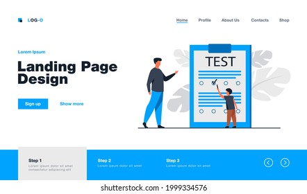 Tiny boy answering questions of test. Child, exam, teacher flat vector illustration. Education and study concept for banner, website design or landing web page