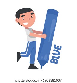 Tiny Boy Drawing with Huge Blue Pencil, Cute Boy Holding Large Crayon Cartoon Style Vector Illustration