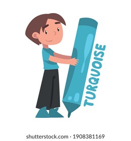 Tiny Boy Drawing with Huge Turquoise Pencil, Cute Boy Holding Large Crayon Cartoon Style Vector Illustration