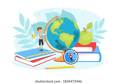 Tiny Boy Girl Studying with Huge School Supplies, School boy Standing on Pile of Books, next to Giant Earth Globe, Children Education Concept Vector Illustration