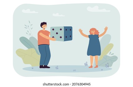 Tiny boy holding die in hands and showing it to girl. Children playing board games or gambling flat vector illustration. Leisure, indoor activity concept for banner, website design or landing web page