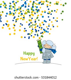 Tiny boy playing with slapstick petard.Adorable kids in winter clothes playing outdoor. Christmas celebration children cartoon vector illustration. Simple cute xmas motif. 
