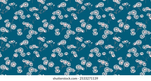 Tiny branches flowers chamomile pattern on a turquoise background. Abstract artistic floral seamless print. Vector hand drawing sketch. Design for fashion, fabric, wallpaper, textiles,