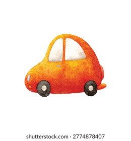 Tiny bright orange cartoon toy car with rounded shape