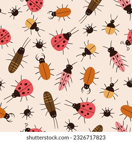 Tiny bugs seamless pattern. Cute small insects repeat pattern isolated on cream color background. Square design. Vector illustration.