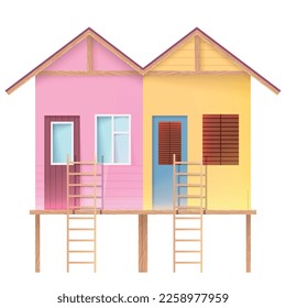 Pequeñas fachadas de bungalows de diseño mínimo y plano. Pequeñas y coloridas casas de playa sobre pilas con escaleras. Acogedora vista frontal en casa