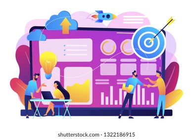 Tiny Business Analysts Discussing Ideas At Laptop With Data. Data Initiative, Occupation In Metadata Study, Data Driven Startup Concept. Bright Vibrant Violet Vector Isolated Illustration