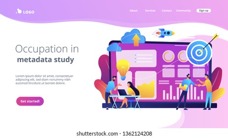 Tiny business analysts discussing ideas at laptop with data. Data initiative, occupation in metadata study, data driven startup concept. Website vibrant violet landing web page template.