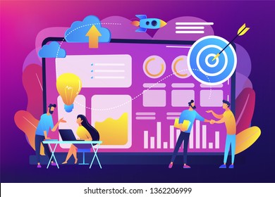 Tiny business analysts discussing ideas at laptop with data. Data initiative, occupation in metadata study, data driven startup concept. Bright vibrant violet vector isolated illustration