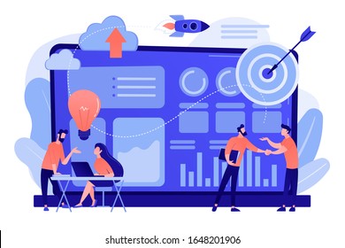 Tiny business analysts discussing ideas at laptop with data. Data initiative, occupation in metadata study, data driven startup concept. Pinkish coral bluevector isolated illustration