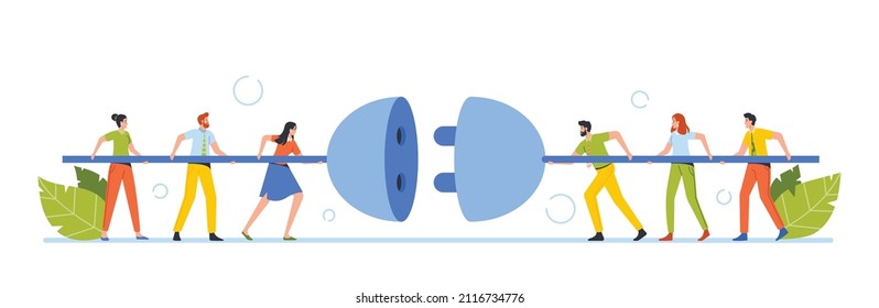 Tiny Business Characters Connecting Huge Plug. Men and Women Connecting Power Socket. Teamwork Cooperation, Business Connection, Partnership Concept Cartoon People Vector Illustration