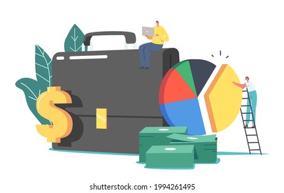 Tiny Business Characters at Huge Investor Portfolio. Briefcase with Money Piles, Pie Chart and Dollar Sign around. Investments Revenue, Financial Success Concept. Cartoon People Vector Illustration
