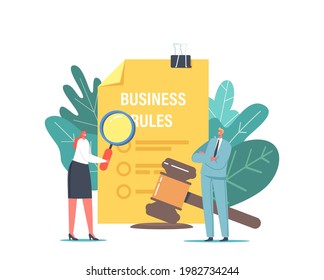 Tiny Business Characters Studying Code of Conduct on Huge Paper. Office People Working on Company Ethical Integrity Document. Business Rules, Ethics and Values of Firm. Cartoon Vector Illustration