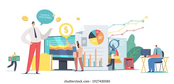 Tiny Business Characters Team Analysing Data and Research Financial Monitoring Report on Huge Dashboard. Finance Investment Performance Results, Working Meeting. Cartoon People Vector Illustration