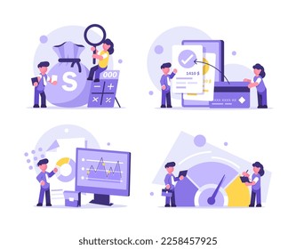 Pequeños personajes de negocio Equipo de análisis de datos e investigación Informe de monitoreo financiero en Enorme Tablero. Resultados de las inversiones financieras
