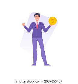 Tiny business man holding golden coin pointing thumbs up enjoying earnings wealth economy profit vector flat illustration. Happy male entrepreneur posing with money richness finance independence
