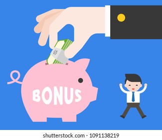 Tiny Business man jumping with happiness because big hand of boss giving bonus in piggybank, flat design about business situation concept