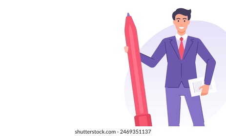 Tiny business man with pen and contract agreement banner design template vector flat illustration. Smiling cartoon businessman in suit paperwork document deal partnership legal form signature