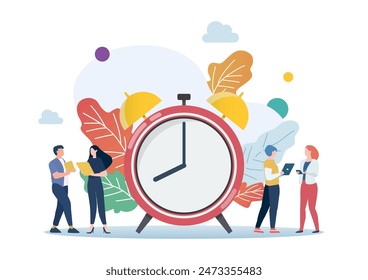 Tiny business people with alarm clock flat style. vector illustration business concept