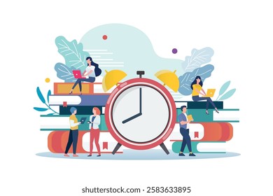 Tiny business people with alarm clock and stack of books. vector illustration business concept