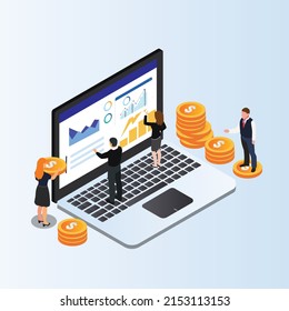 Pequeñas personas de negocios analizando el plan de negocio en el concepto de ilustración isométrica 3d vectorial para banner, sitio web, ilustración, página de aterrizaje, volante, etc.
