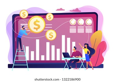 Tiny business people and analysts transforming data into money. Data monetization, monetizing of data services, selling of data analysis concept. Bright vibrant violet vector isolated illustration