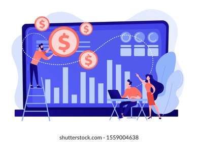 Tiny business people and analysts transforming data into money. Data monetization, monetizing of data services, selling of data analysis concept. Pinkish coral bluevector isolated illustration