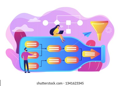 Pequeñas personas de negocios en botellas buscando el sistema con menor capacidad. Análisis de cuello de botella, control de cuellos de botella, concepto de mejora del flujo de trabajo. Ilustración aislada del vector violeta brillante brillante brillante brillante