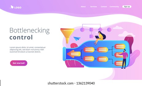 Pequeñas personas de negocios en botellas buscando el sistema con menor capacidad. Análisis de cuello de botella, control de cuellos de botella, concepto de mejora del flujo de trabajo. Plantilla de página web de aterrizaje violeta vibrante del sitio web.