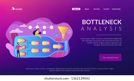 Pequeñas personas de negocios en botellas que buscan la menor capacidad del sistema. Análisis de cuello de botella, control de cuellos de botella, concepto de mejora del flujo de trabajo. Plantilla de página web de aterrizaje violeta vibrante del sitio web.